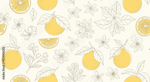 Vibrant Citrus Fruits and Blossoms Pattern.