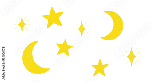 Yellow Crescent Moons and Stars on White Background.