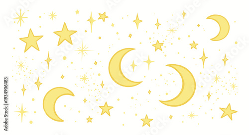 Yellow Crescent Moons and Stars on White Background.