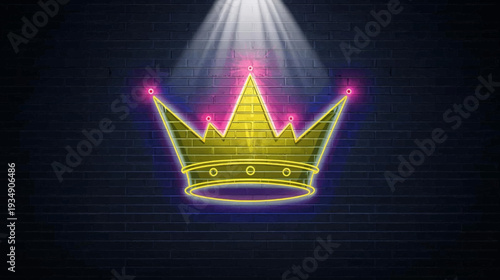 A golden crown with a neon pink glow under a spotlight on a dark textured background, symbolizing royalty and power.