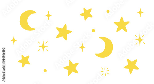Yellow crescent moons and stars pattern on a white background.