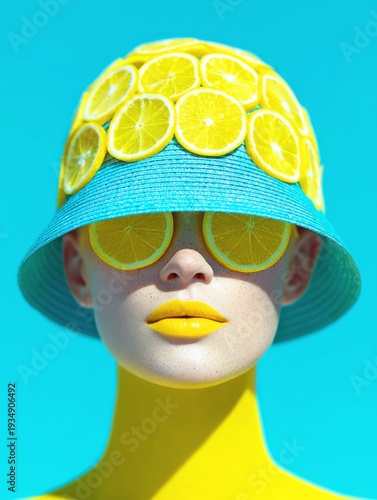 Surreal fashion portrait of a woman with fresh lemon slices on her hat and eyes wearing vibrant makeup.