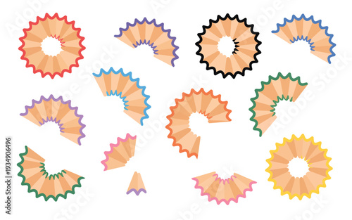Vibrant collection of colorful pencil shavings displaying spiral shapes, freshly sharpened and scattered on a clean white background, ideal for creative graphic design