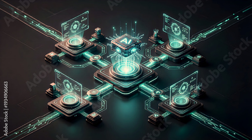 Plakat Multi-node network of collaborative AI agents visualized in an...