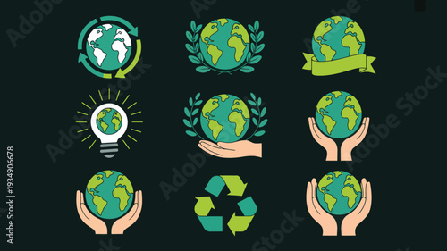 Diverse collection of stylized Earth globes and eco-friendly symbols, promoting environmental awareness and sustainability through graphic design elements