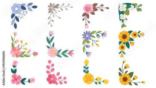 A vibrant collection of nine unique floral corner illustrations, featuring diverse blooming flowers and lush leaves. Ideal for invitations, borders, and graphic design projects