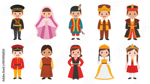 Charming collection of diverse cute cartoon characters in traditional global costumes, a clean graphic design celebrating various cultural heritages and unity