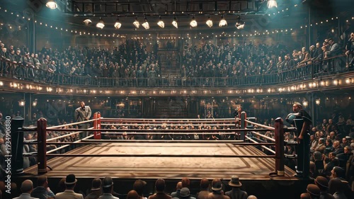 A packed boxing arena with a ring, referees, and a large crowd in vintage attire