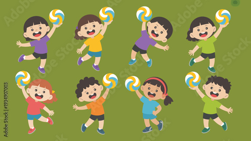 Lively cartoon illustration depicting eight diverse young children having a blast playing volleyball, highlighting sports, friendship, and joyful playtime