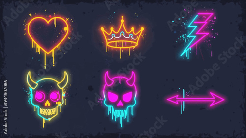 Six vibrant neon graffiti icons including a heart, crown, lightning bolt, and skulls with horns, on a dark background, showcasing a grunge street art style.