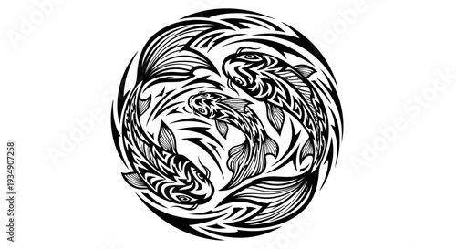 Tribal Koi Fish Circle Tattoo Design - Black and White
