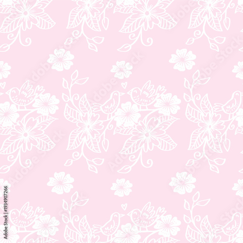Seamless pattern with flowers and birds on a pink background.