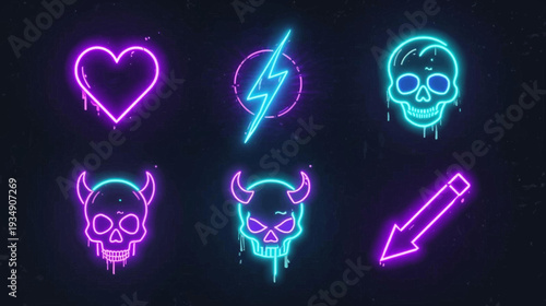 Neon glowing icons featuring hearts, lightning, skulls, and an arrow in vibrant pink and blue colors on a dark background.