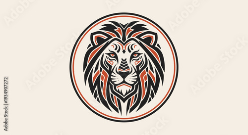 Tribal Lion Head Emblem, Geometric Mane, Fierce Eyes, Circular Logo Design