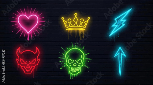 Six vibrant neon light signs including a heart, crown, lightning, devil, skull, and arrow on a dark brick wall.
