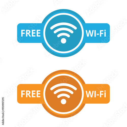 Free WiFi Badge Icon Set – Blue and Orange Wireless Internet Symbol Labels with Free Wi-Fi Text Isolated on White Background Vector Illustration
