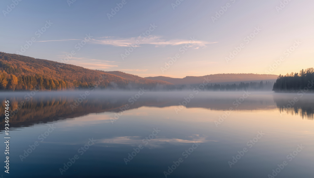 Fototapeta premium Serene lake dawn mist reflection hills forest