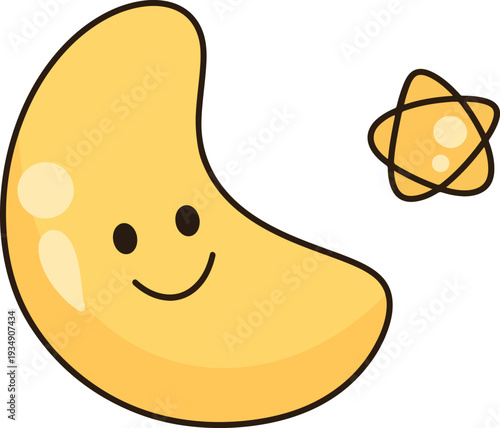 Cute Smiling Moon and Little Star Cartoon Hand Drawn Minimalist