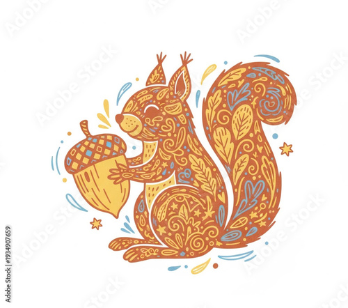 Vibrant Squirrel Illustration with Intricate Designs Holding Acorn in Whimsical Forest Scene