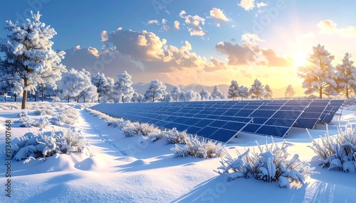 Snowy field with solar panels under a bright, sunny sky. Winter landscape scene