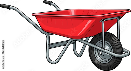A vibrant red wheelbarrow with a single wheel and metal frame, ready for gardening or construction tasks.