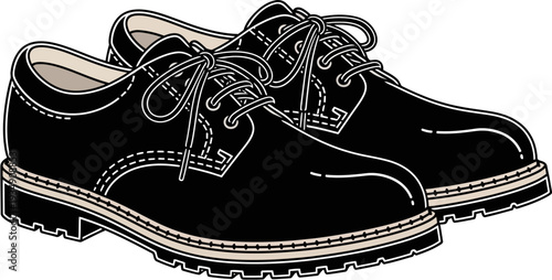 A pair of black lace-up shoes with white stitching and thick soles, suitable for various occasions.