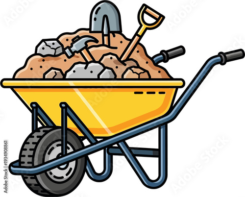 A yellow wheelbarrow filled with sand, rocks, a shovel, a pickaxe, and a hammer, representing construction work and manual labor.