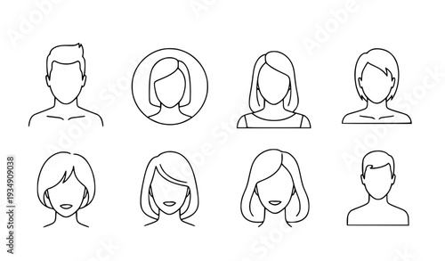 A minimalist vector graphic illustration of eight diverse human head silhouettes in a simple line art style