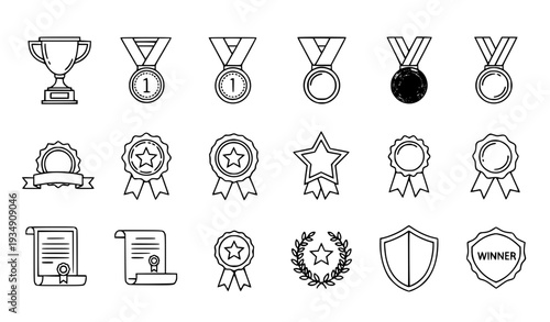 A collection of black and white line art icons representing awards and achievements