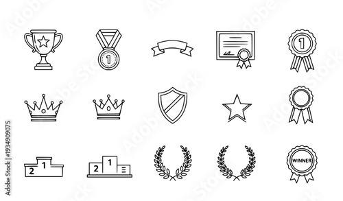 A set of black and white line art icons representing awards and achievements