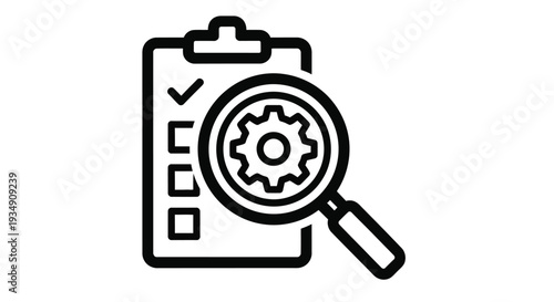 Black and white line art of a clipboard with a magnifying glass and gears