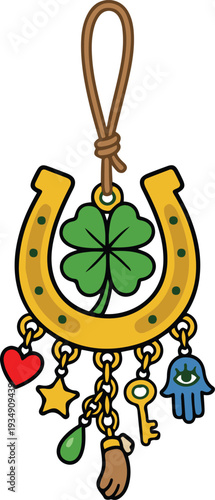 Decorative lucky charm pendant featuring a golden horseshoe with four-leaf clover and hanging trinkets, illustrated in a cute flat cartoon style, perfect for St. Patrick’s Day designs