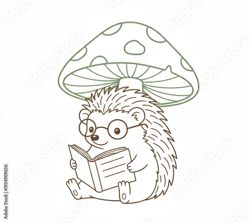 A hedgehog wearing glasses reads a book under a large mushroom in a whimsical forest scene illustration