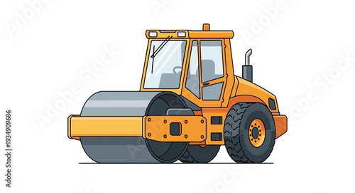 Yellow steamroller vehicle on white background, construction machinery illustration
