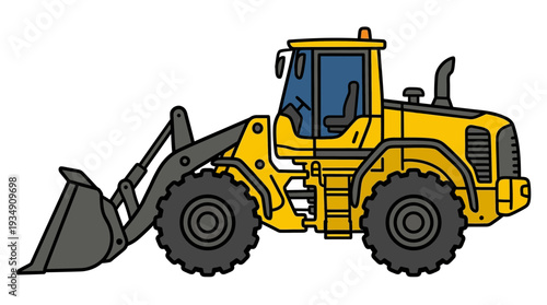 Yellow wheel loader construction vehicle isolated on white background.