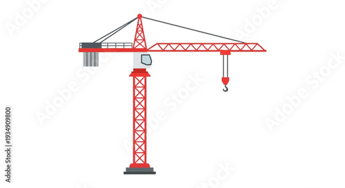 Red construction tower crane isolated on white background