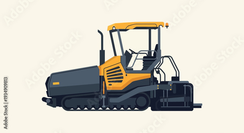 Yellow and grey asphalt paving machine on a light background