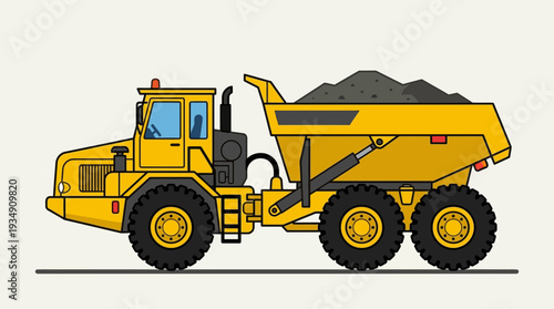 Yellow Articulated Dump Truck Loaded with Dirt, Side View
