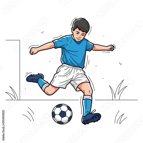 A young boy in a blue jersey and white shorts actively kicks a soccer ball on a field, enjoying the sport.
