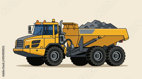 Yellow Articulated Dump Truck Loaded with Rocks, Side View Illustration