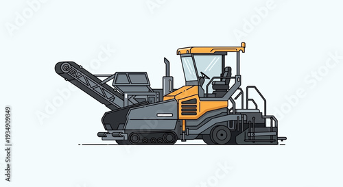 Yellow asphalt milling machine on light blue background, vector illustration