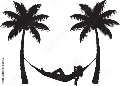 Woman relaxing in a hammock between two palm trees on a white background, tropical leisure.