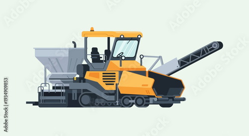 Yellow asphalt paver machine on a light green background