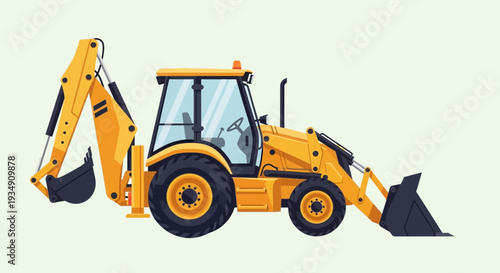 Yellow backhoe loader construction vehicle isolated front view