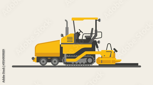 Yellow asphalt paver machine on a road construction site