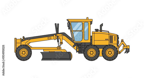 Yellow Motor Grader Construction Vehicle Isolated on White