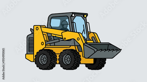Yellow skid steer loader with bucket and driver in cabin