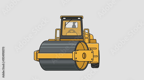 Yellow steamroller construction machine front view isolated on grey background vector illustration