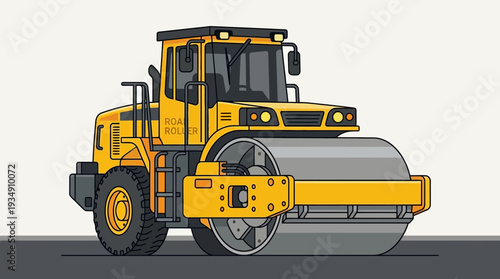 Yellow road roller vehicle for asphalt compaction on construction site