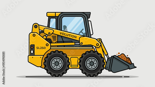 Yellow skid steer loader with bucket full of dirt, cartoon style